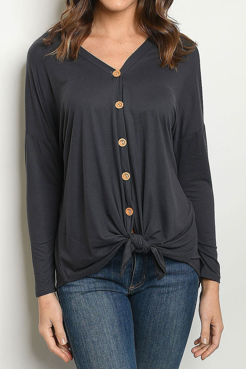 Waist tie button front v neck top (ED7768-LAST)