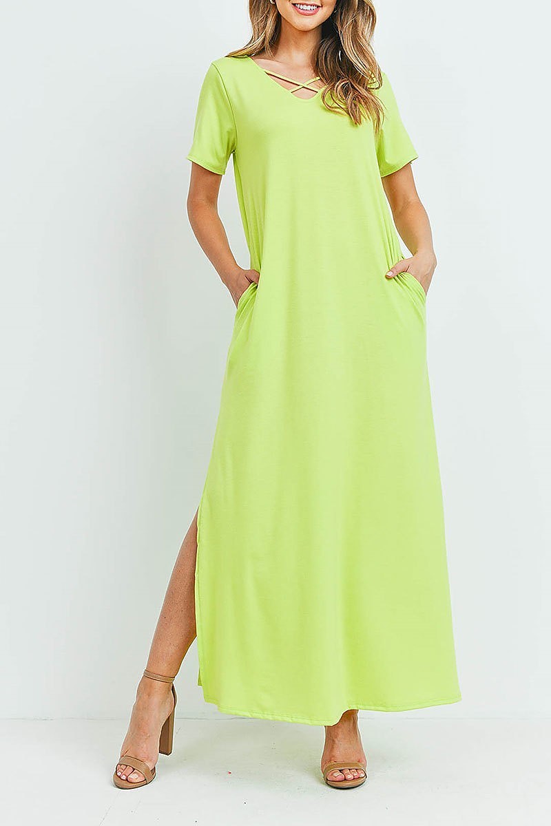 Crisscross neck short sleeve maxi pocket dress (DED6217)