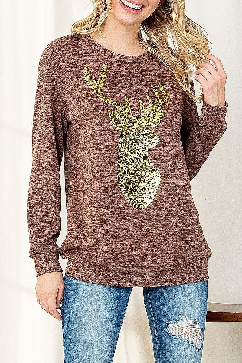 Brushed hacci sequins reindeer shape top (EF2505)