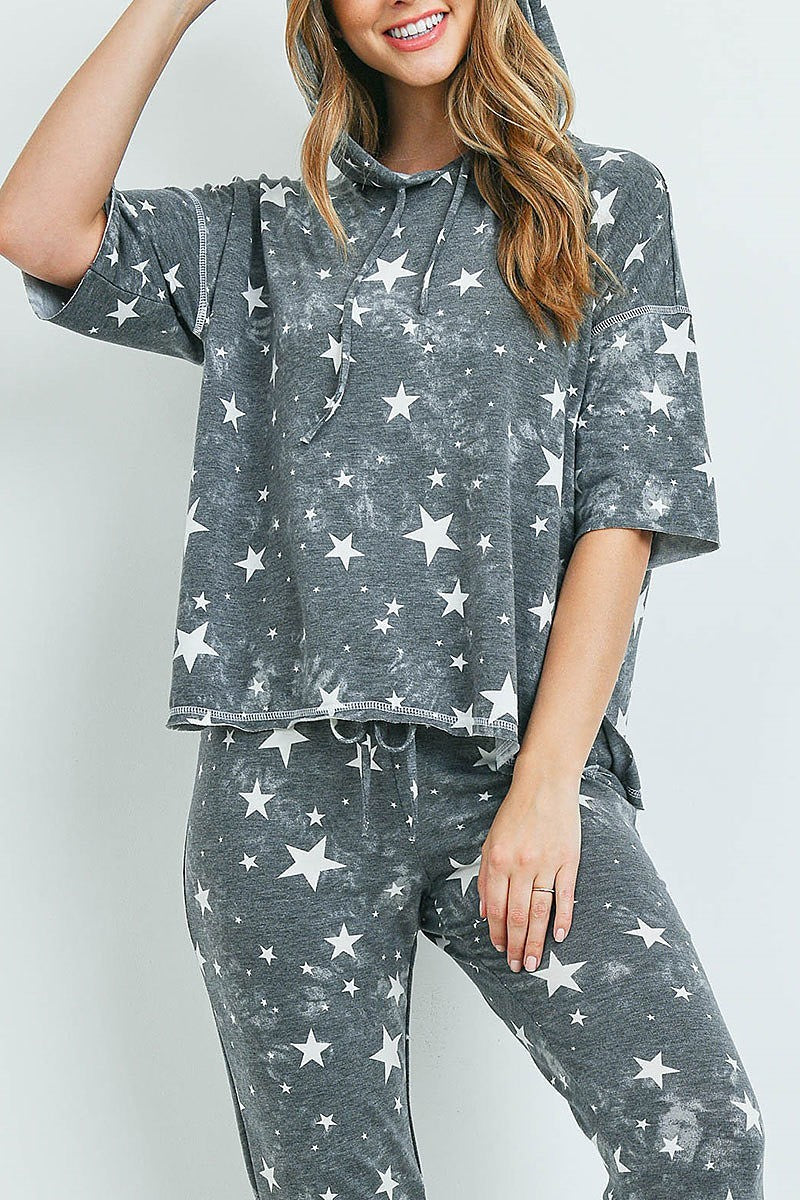 Star print hoodie top and pants set (ED9403)