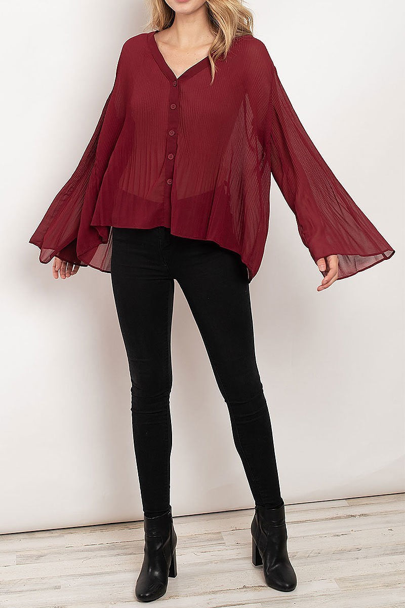 V neck pleated button front sheer top (ED7937)