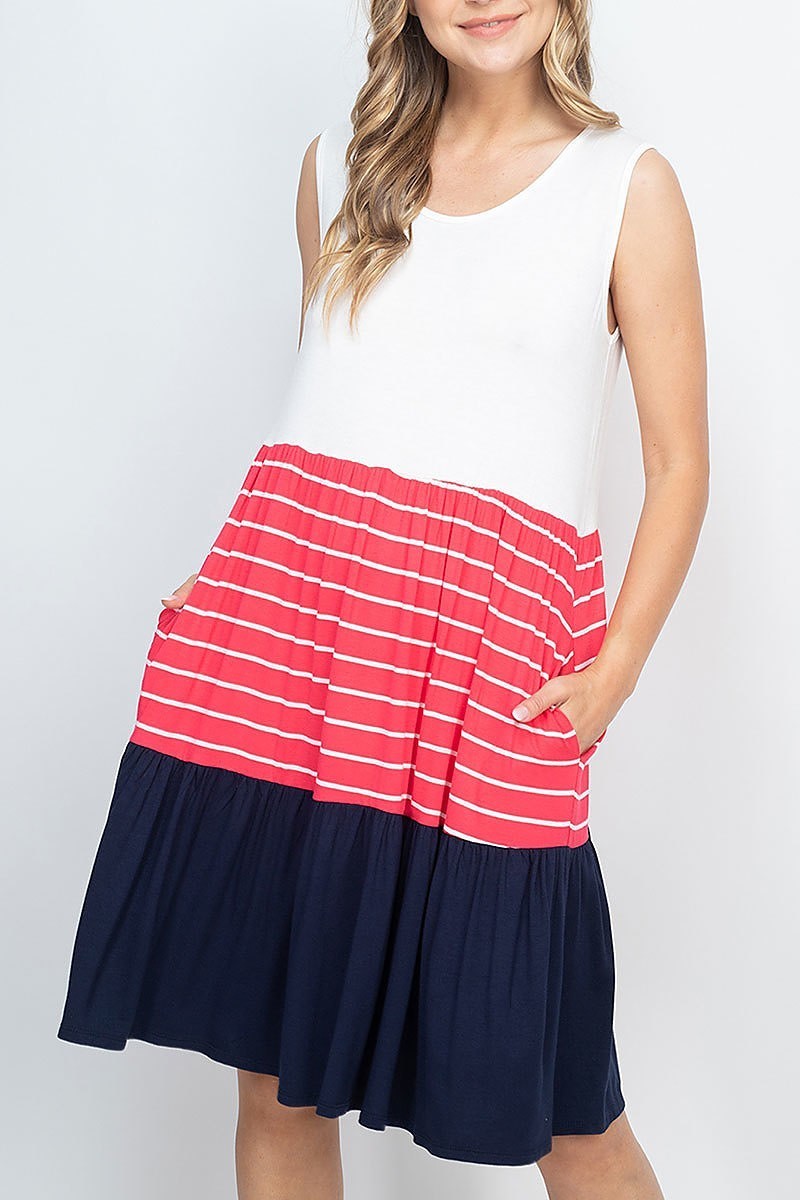 Color block stripe contrast sleeveless pocket dress (DED6746)