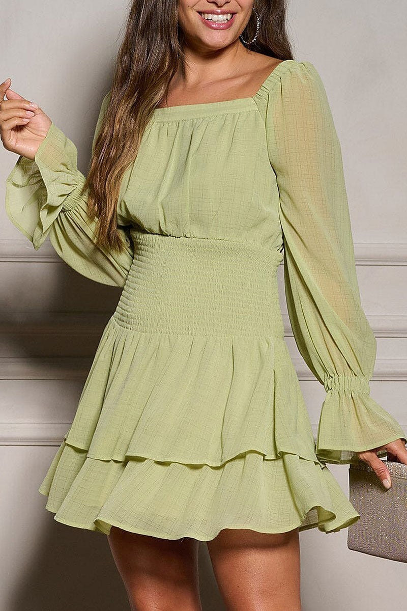 Long sleeve square neck smock tiered ruffle dress (EGWT2351)