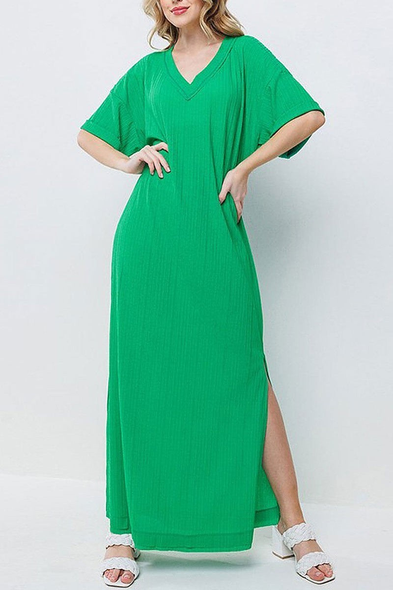 Short sleeve v-neck tunic ribbed maxi dress (EFWT9537)