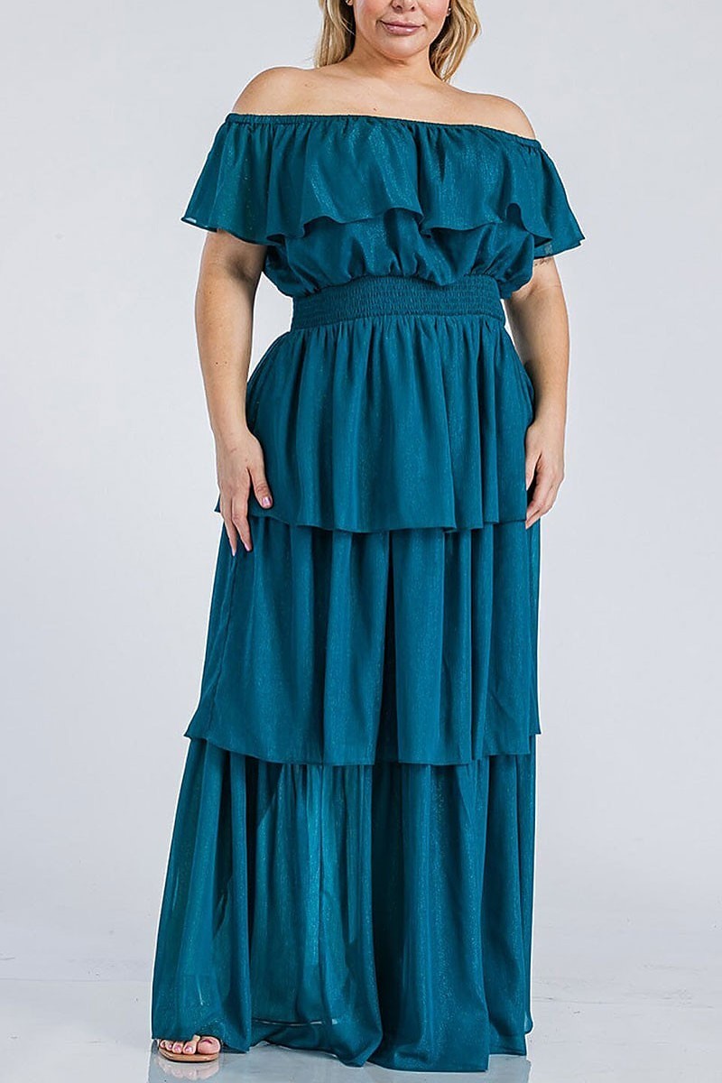 Off shoulder smock waist tiered shimmer maxi dress (EGWT2173)