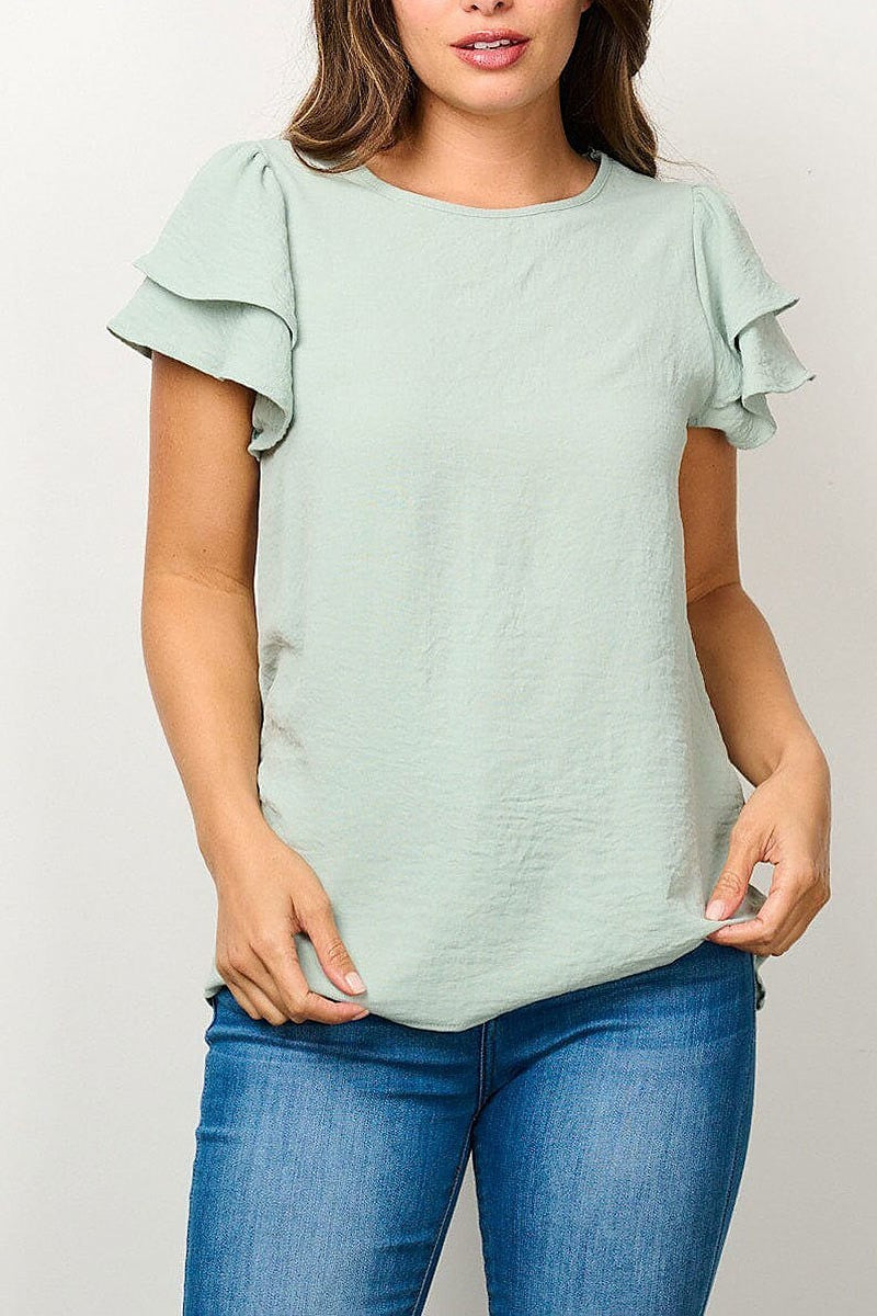 Short ruffle sleeve solid blouse top (EFWT6666)