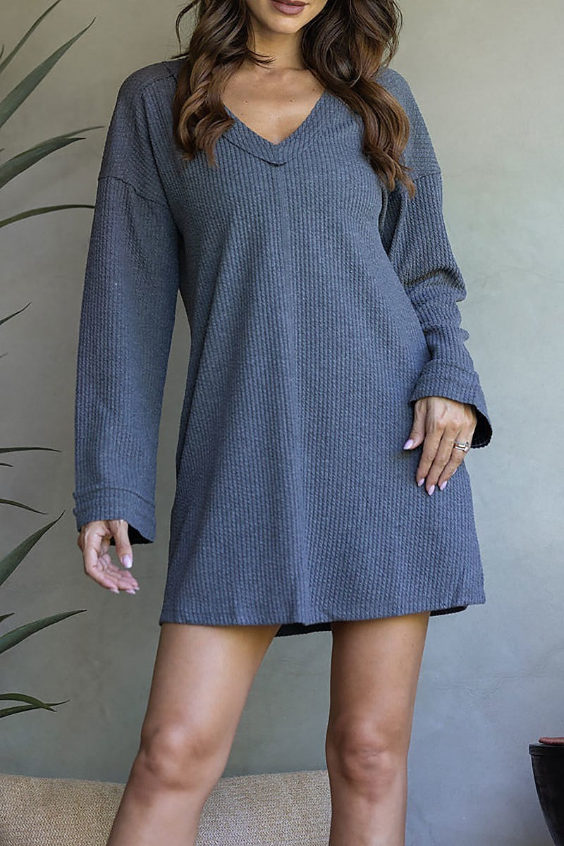 Ribbed knit long sleeves mini dress (EDSW3666)