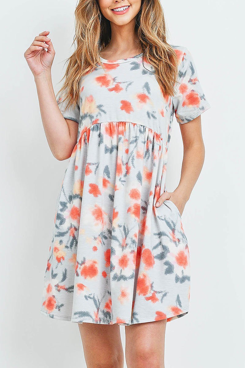 Painterly floral print short sleeves dress (DED6047)