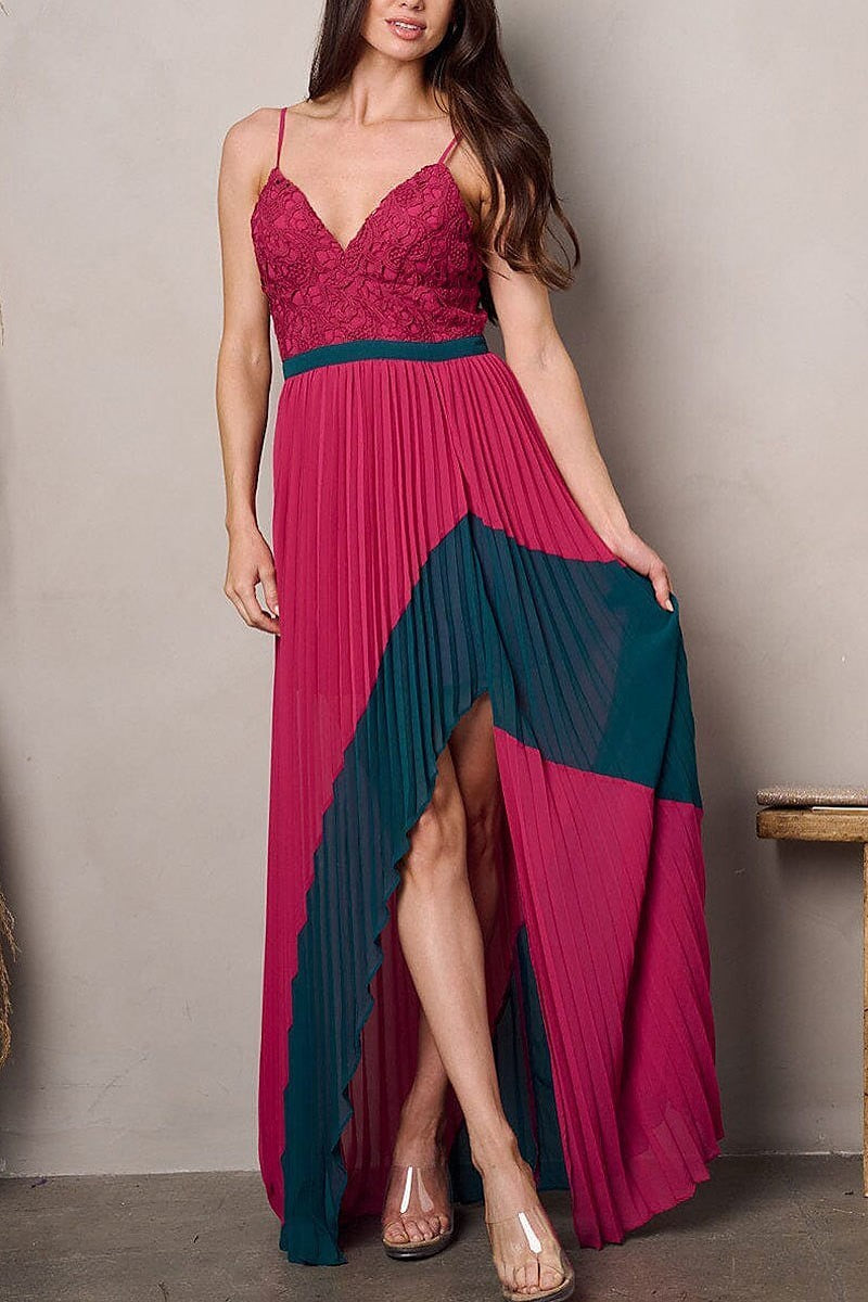 Sleeveless v-neck front slit pleated colorblock maxi dress (EFWT2278)