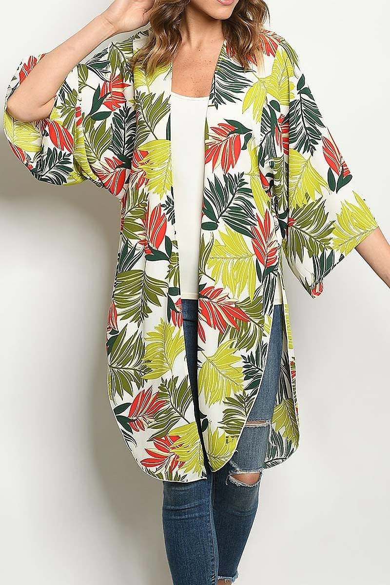 Leaf print open front kimono top (ED6374-LAST)