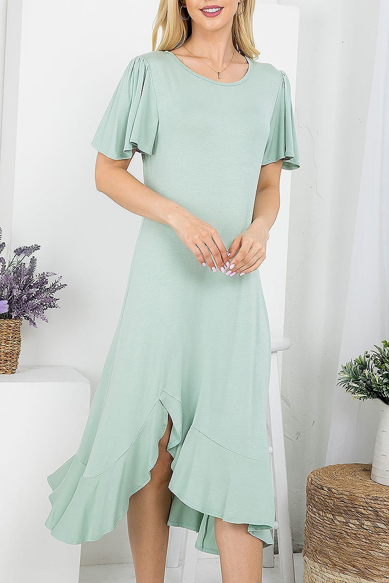 Flutter sleeve aymmetric ruffle hem midi dress (DED7827)