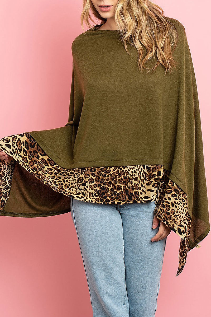 Leopard trim loose fit poncho cardigan (ED8200)