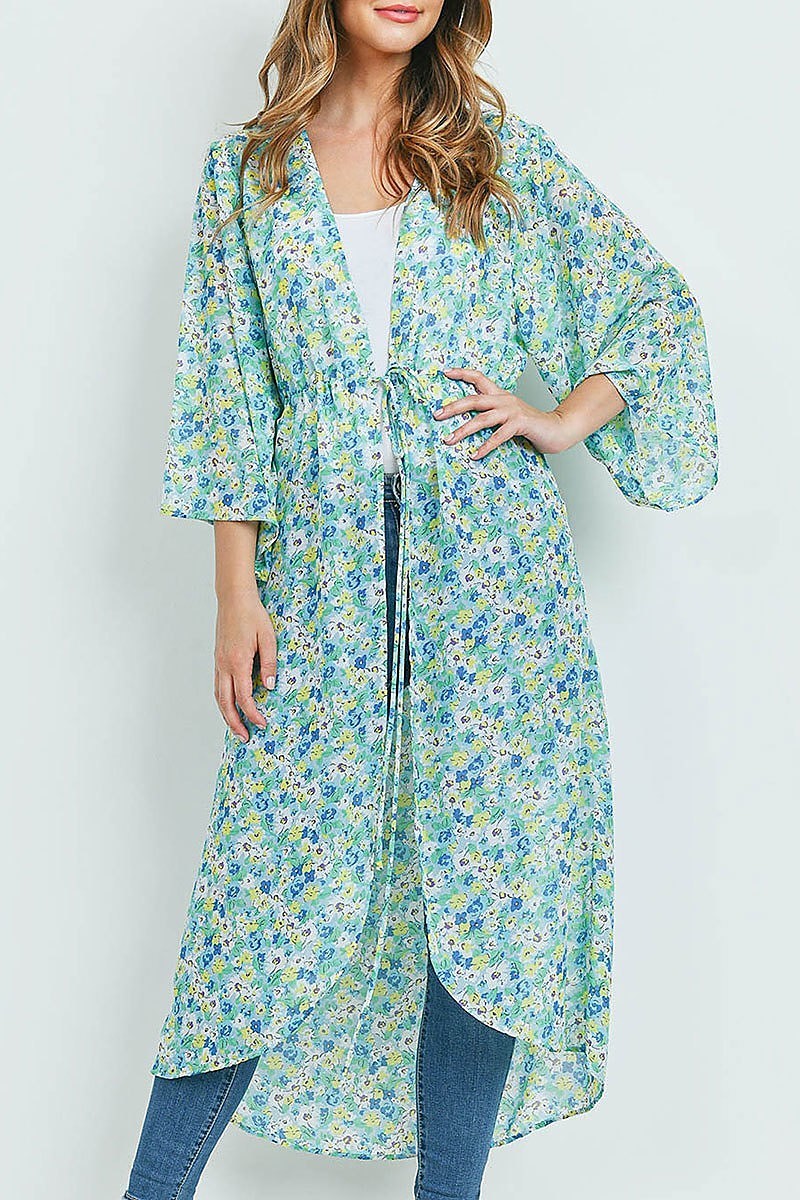 Tie front detail floral print hi lo kimono top (ED9474)