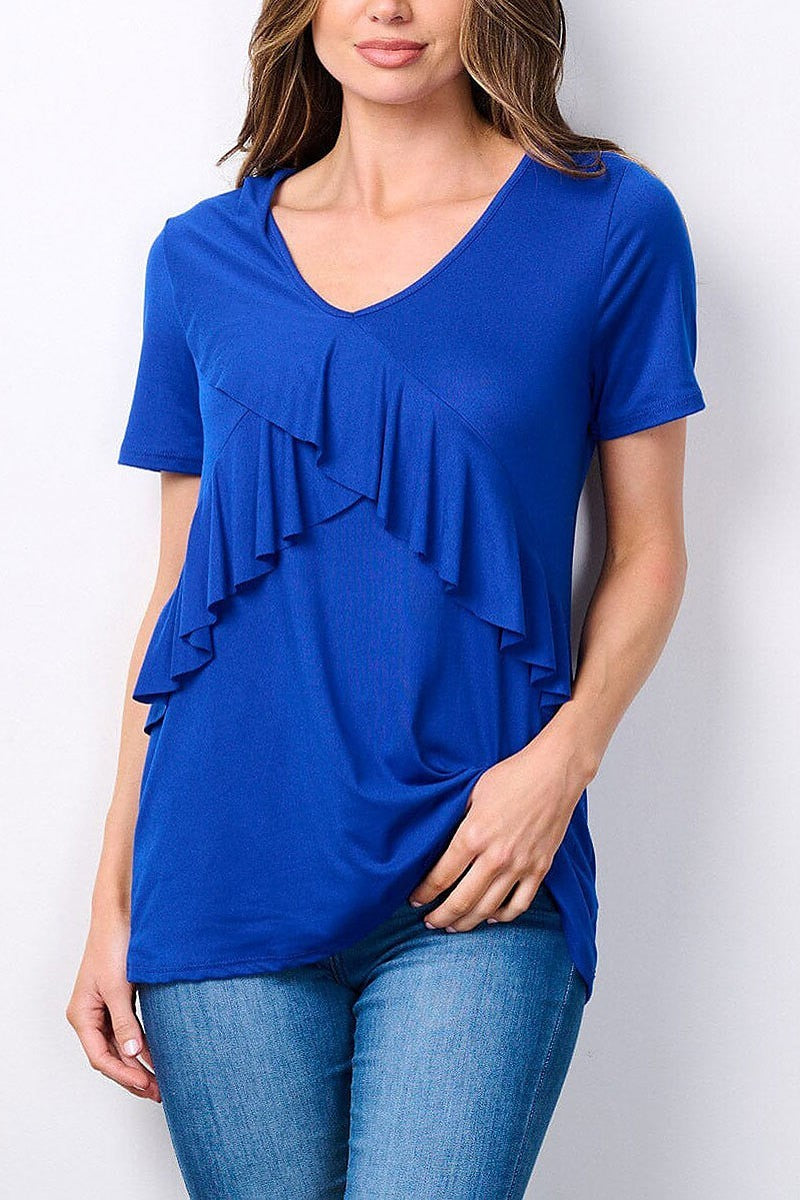 Short sleeve v-neck ruffle detailed top (EFWT7525)