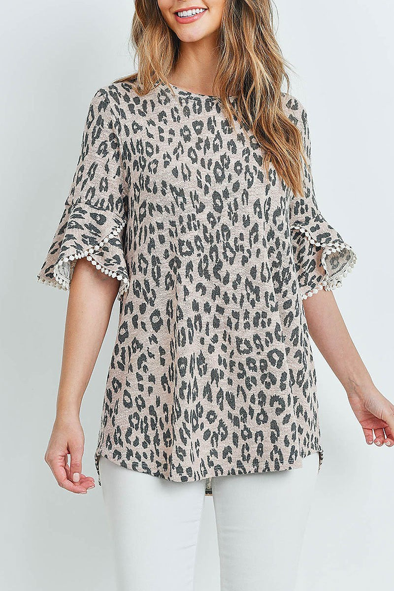 Lace detail bell sleeves leopard top (ED8809)