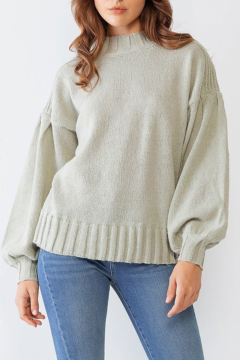 Bubble sleeve ribbed knit detail sweater (TDG9928)