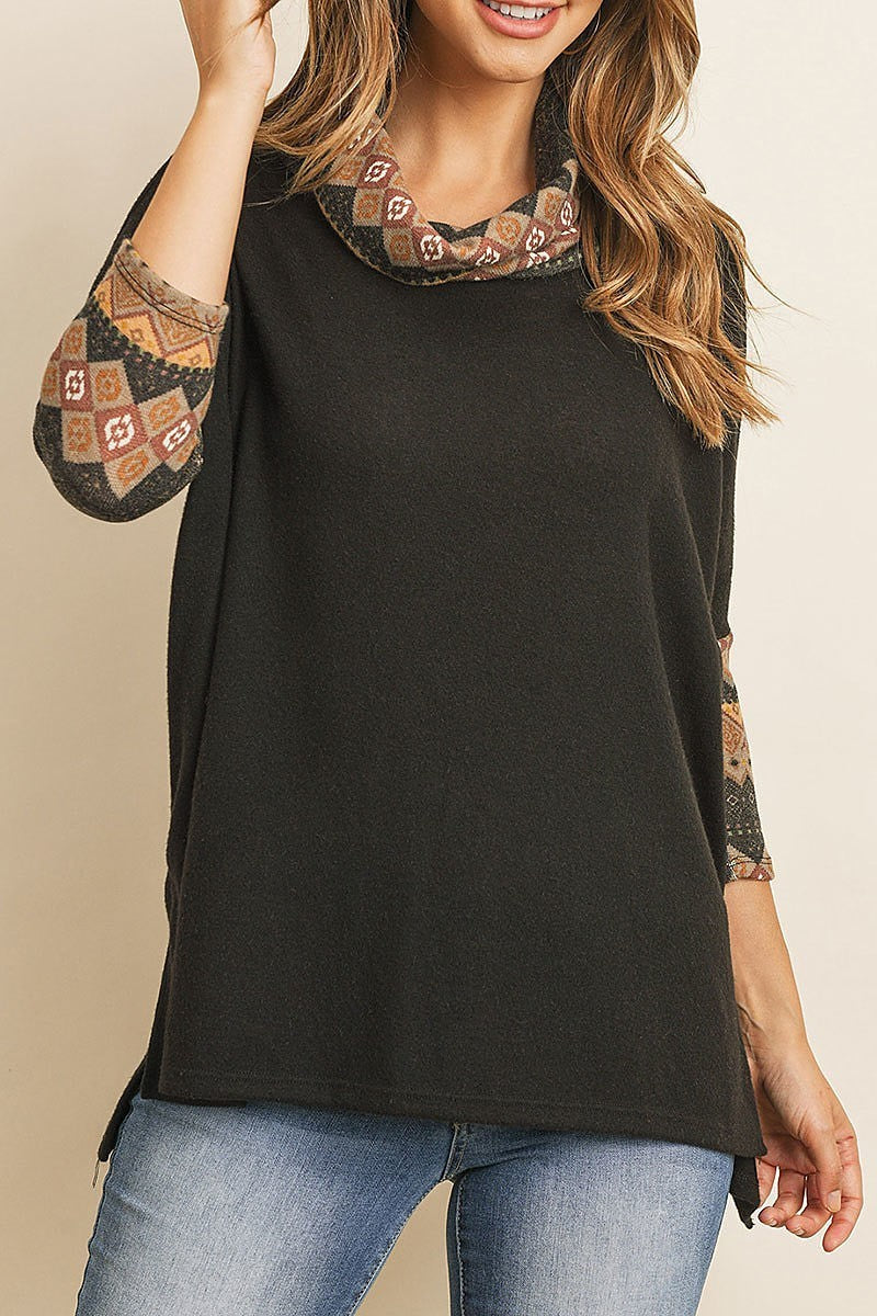 Quarter sleeve cowl neck contrast top (ED8091-1)