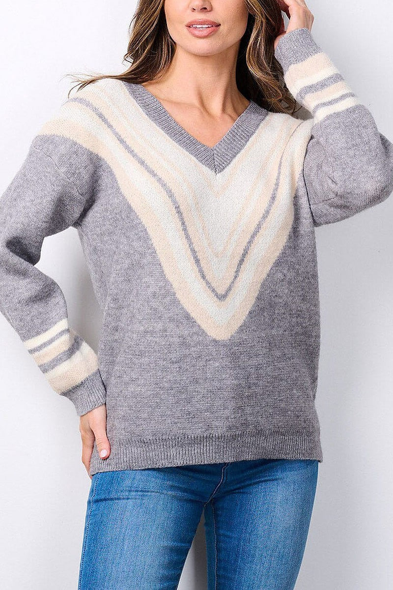 Long sleeve v-neck chevron print sweater (EFWT7496)