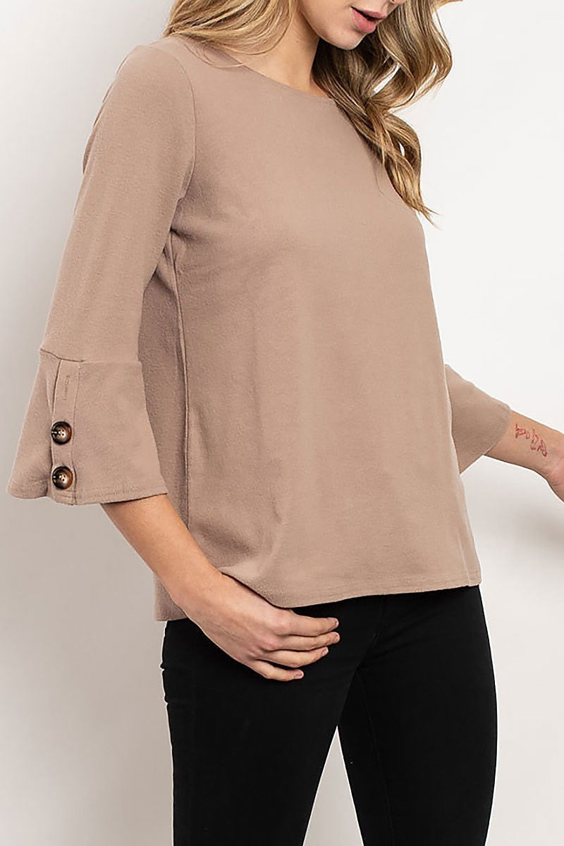 Button trimmed bell sleeve round neck top (ED7939)