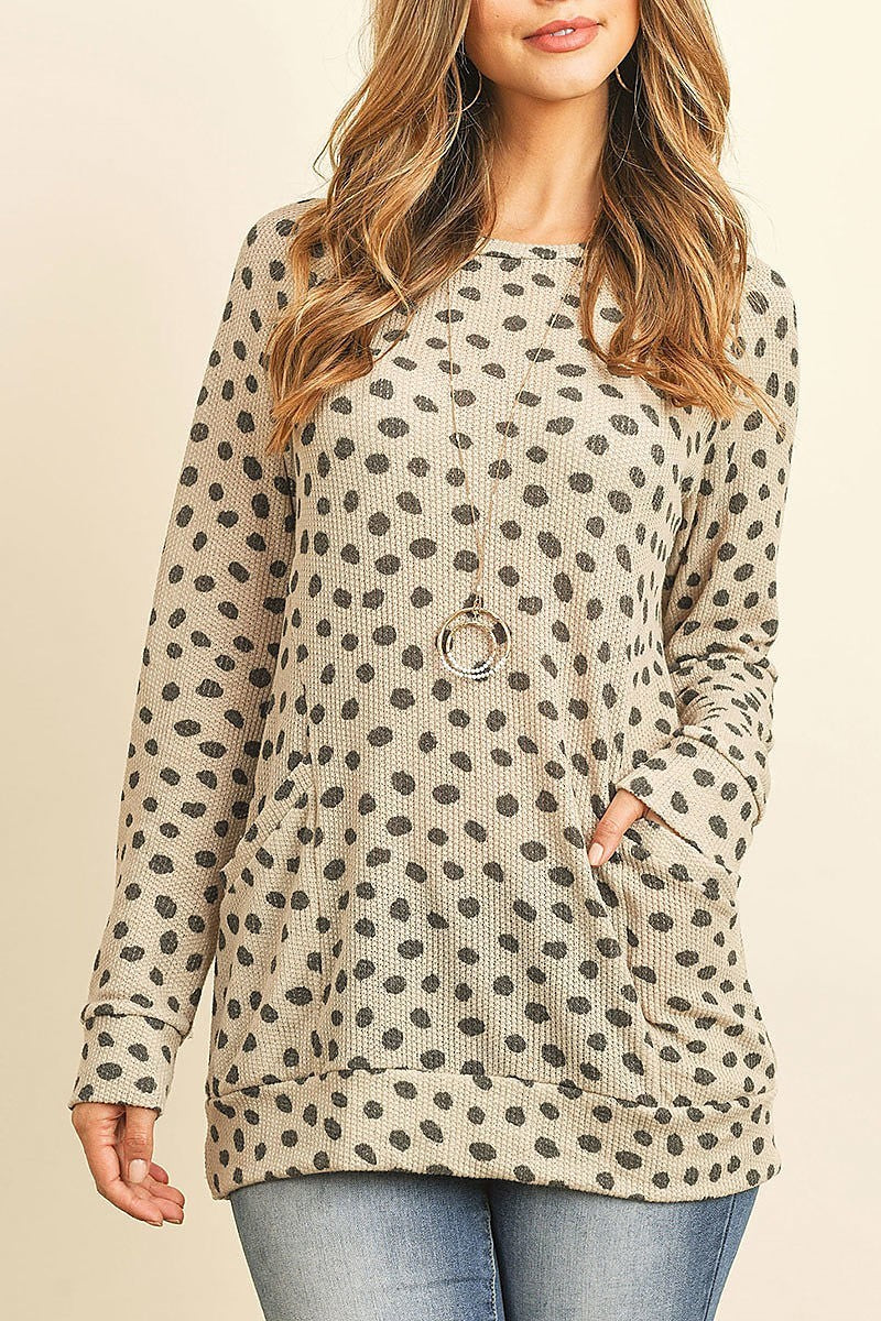 Animal print rib detail long sleeved pocket top (ED8543)