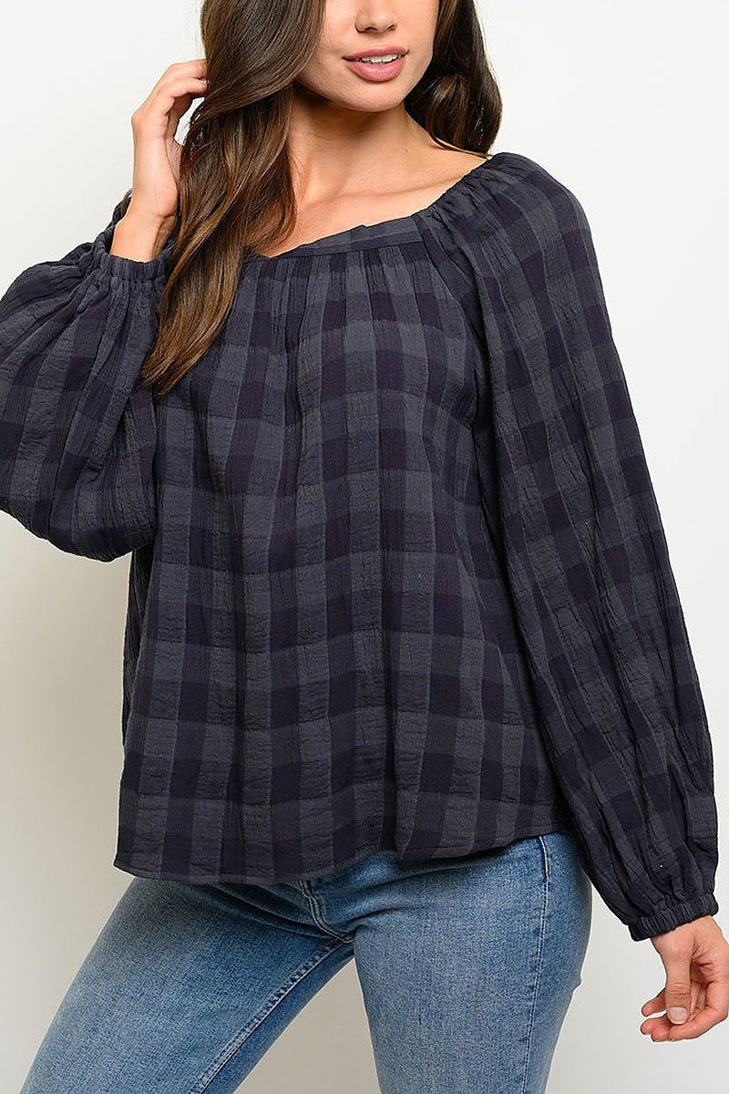 Long sleeve round neck plaid top (EDWT2806)