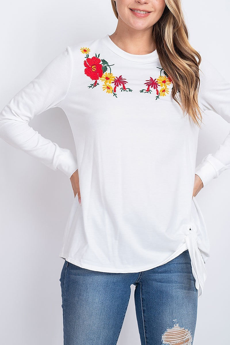 Round neck floral embroidered waist tie top (EF1894)