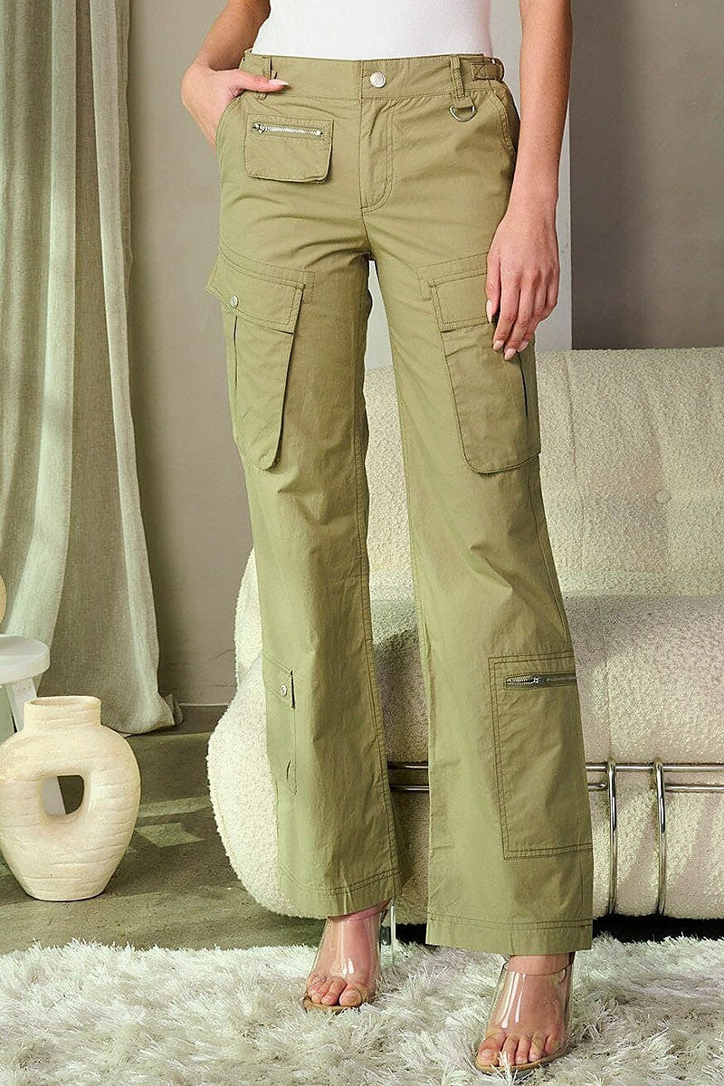 Button closure cargo pockets wide leg pants (EFWT9294-1)