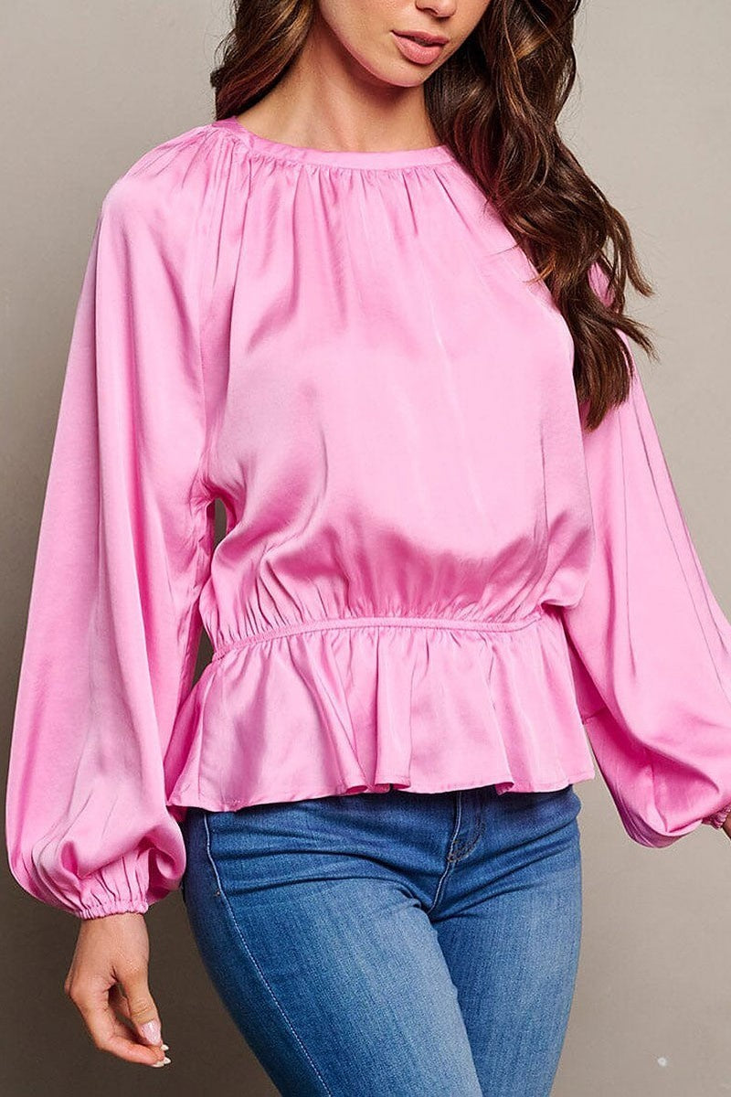 Long sleeve elastic waist peplum ruffle blouse top (EGWT1712)