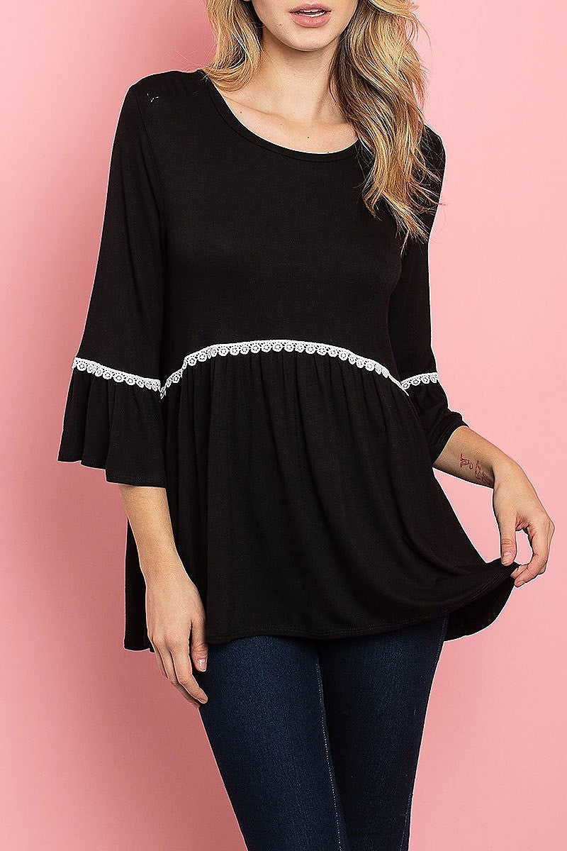 Lace trim bell sleeve round neck baby doll top (ED7908)