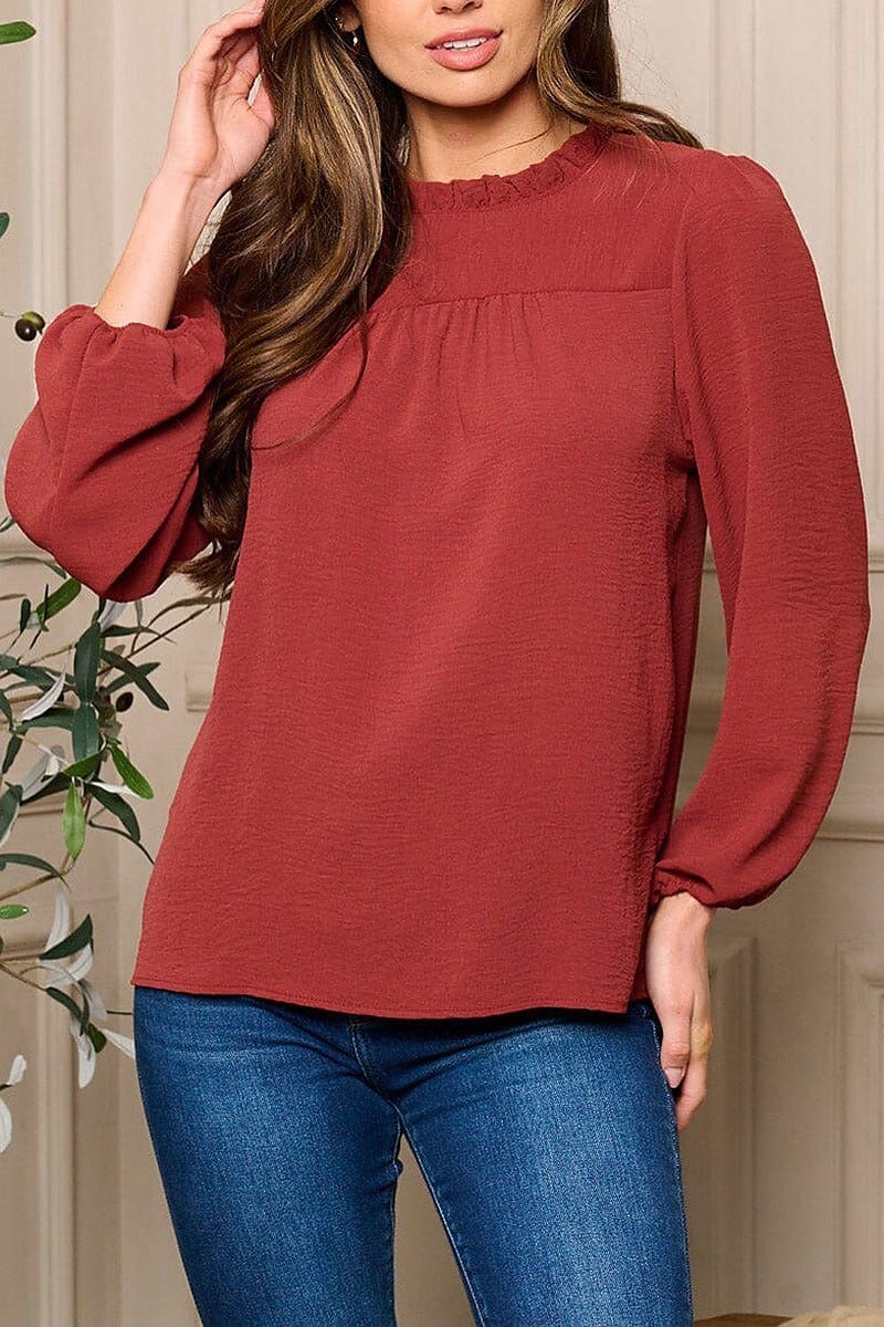 Long sleeve ruffle neck detailed blouse top (EFWT5497)