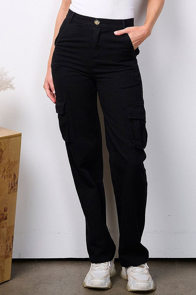 Button closure high waist cargo pockets pants (EFWT7531)