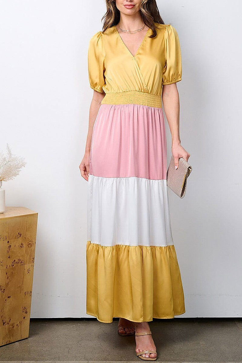 Surplice smock waist colorblock maxi dress (EFWT7326)