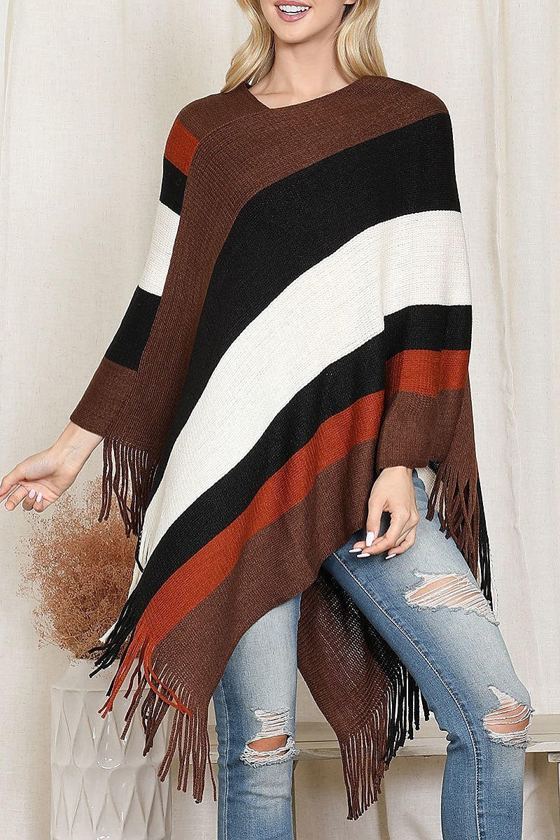 Color block fringe sweater poncho (DGS6331)