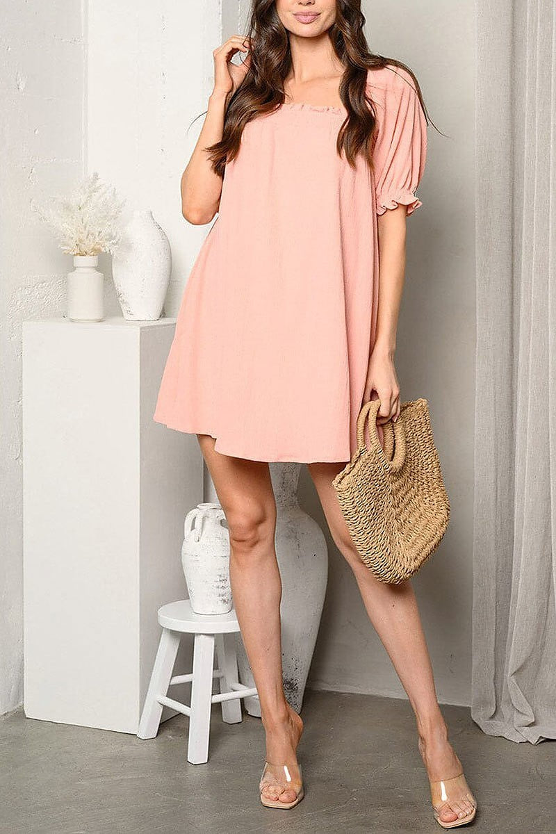 Short puff sleeve square neck tunic mini dress (EDWT9527)