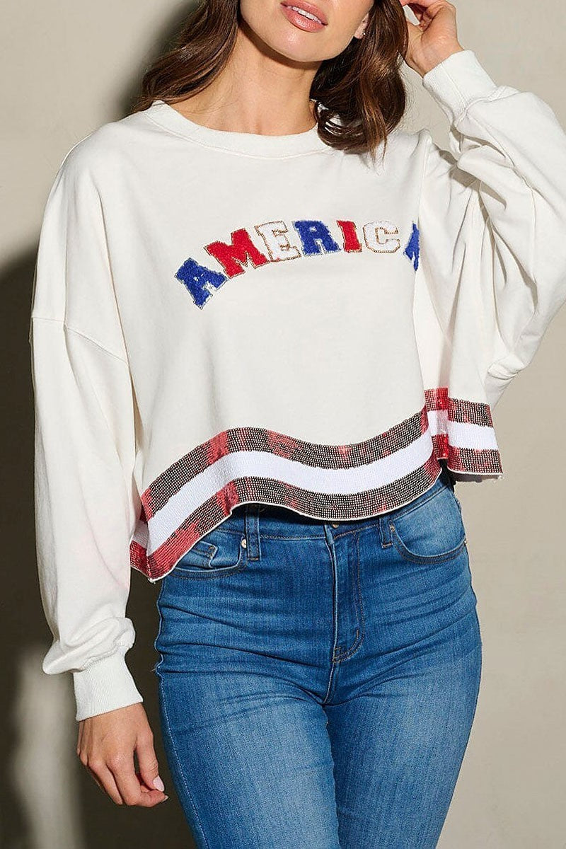 Long sleeve sequins america patriotic top (EFWT9740)