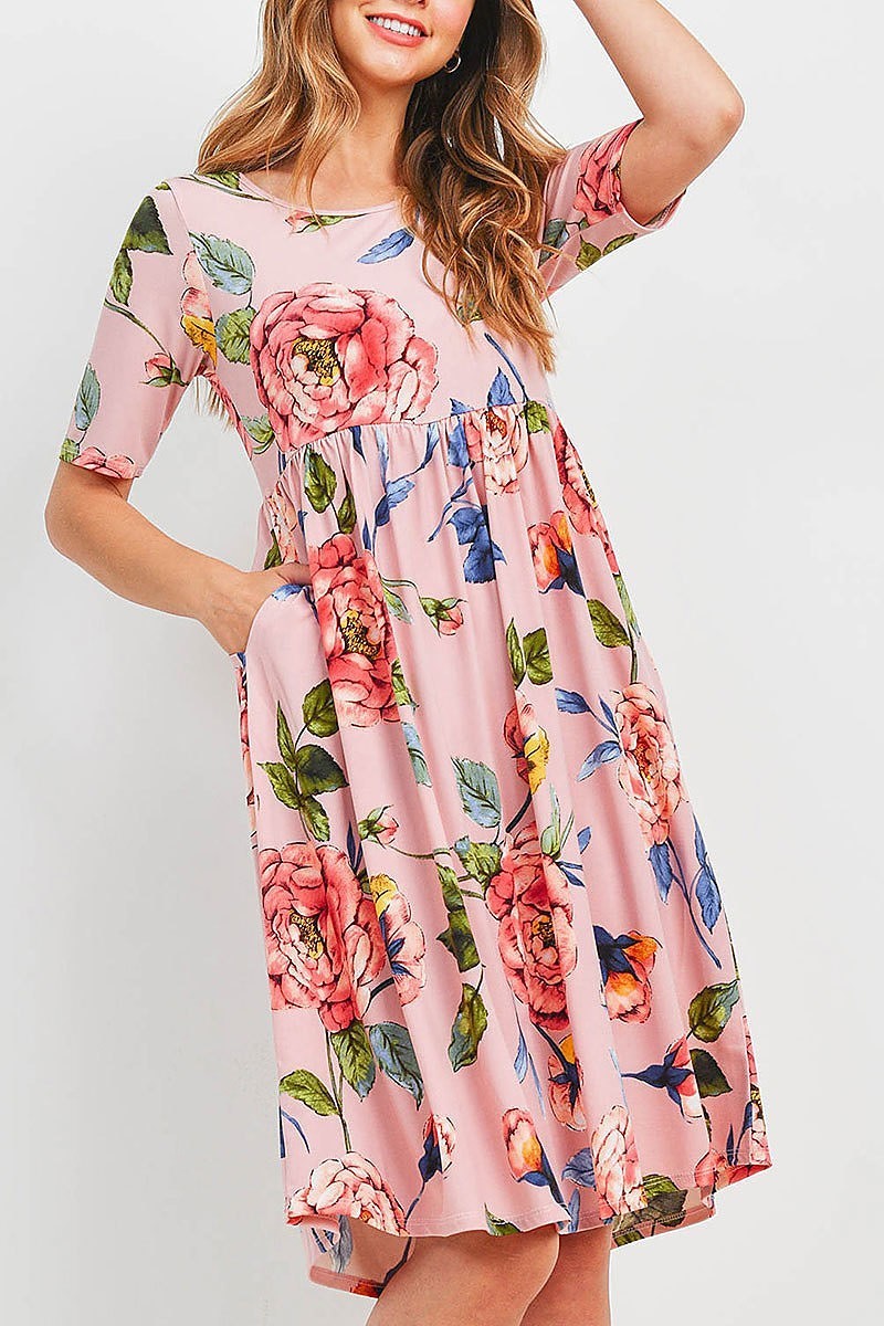 Empire waist floral print side pocket midi dress (DED6358)