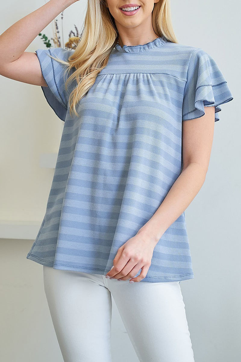 Merrow neck ruffle sleeve stripes top (EF3718)