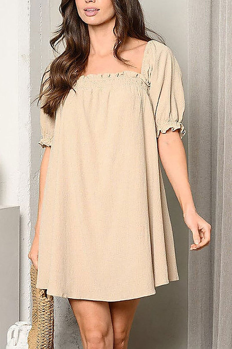 Short puff sleeve square neck tunic mini dress (EDWT9524)