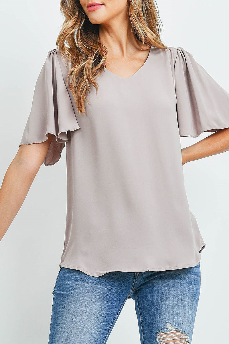 Waterfall sleeve v neck round hem top (ED9956)