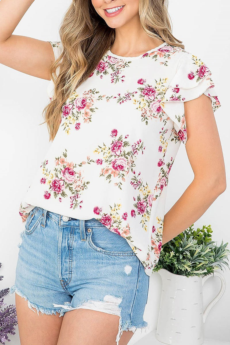 Floral ruffle sleeve round neck blouse (EF4375)