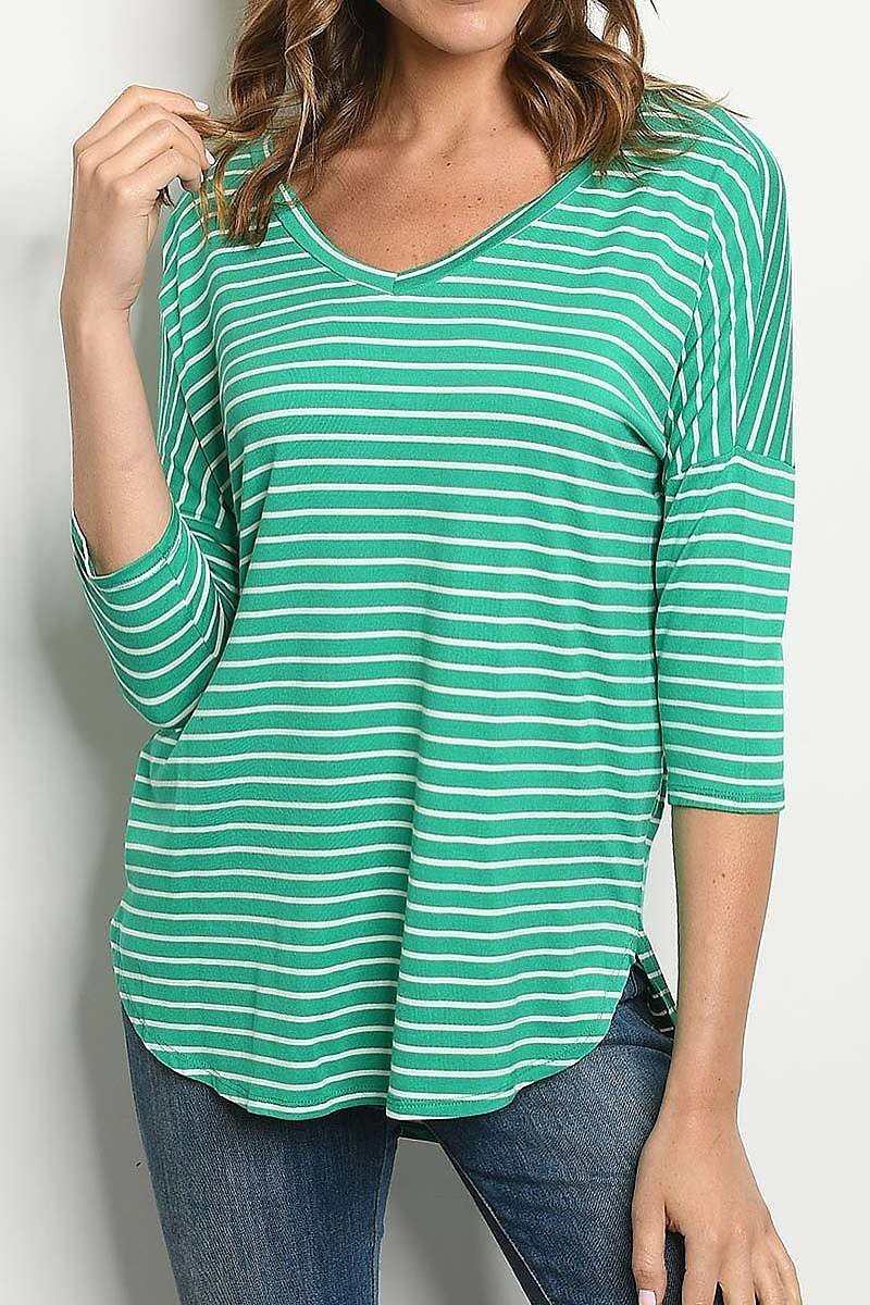 V neck loose fit stripe top (ED6379-LAST)