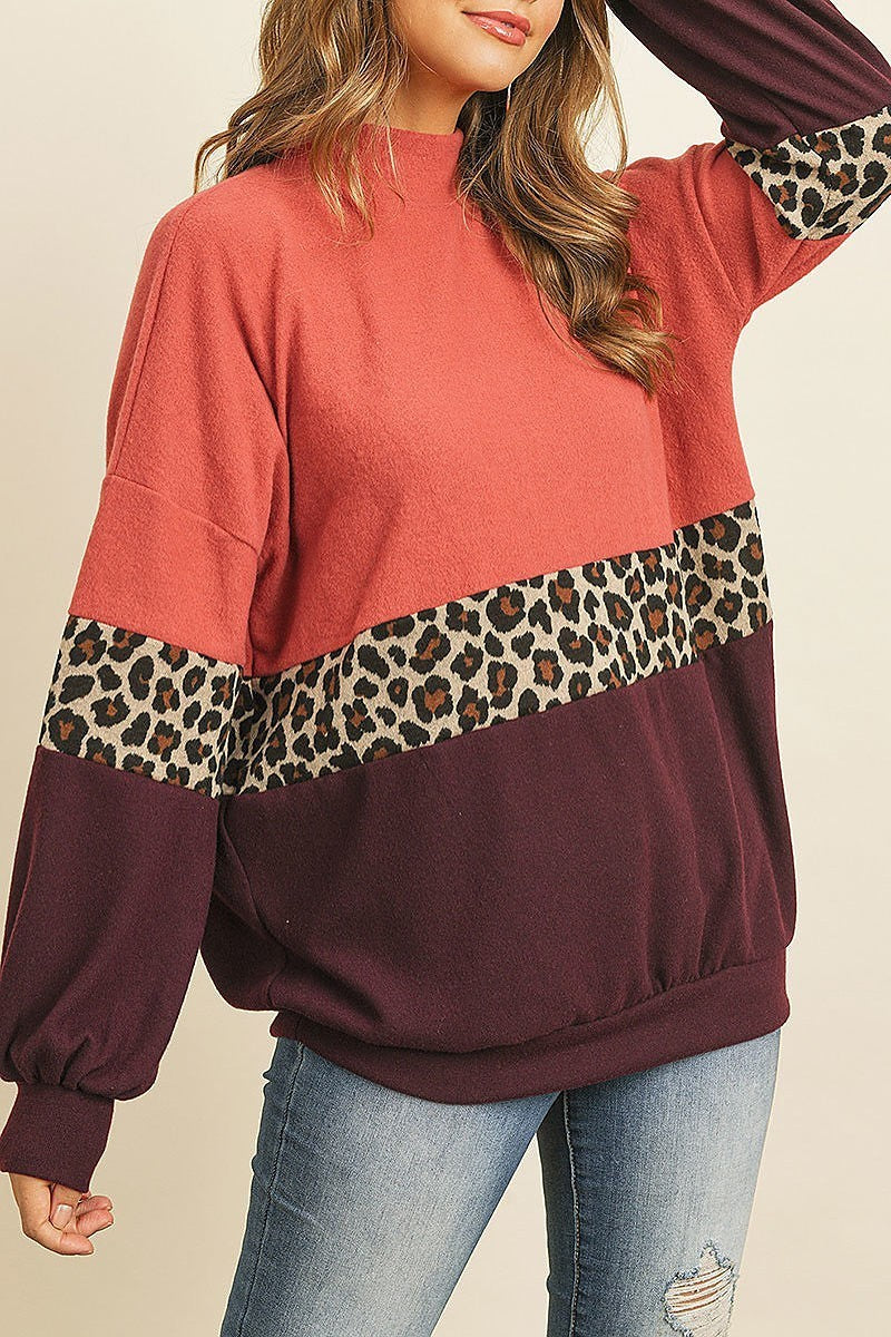 Long sleeve leopard contrast puff sleeve color (DGS4868-LAST)