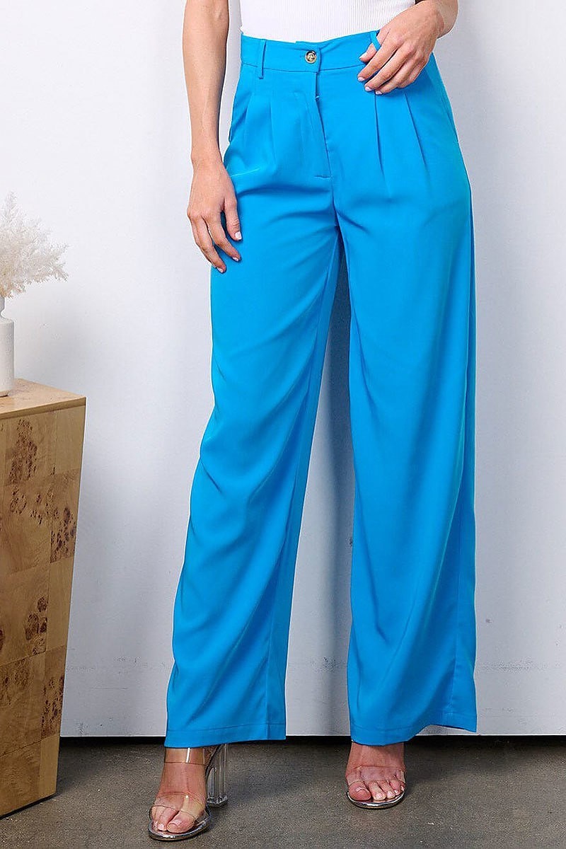 Button closure high waist wide leg pockets pants (EFWT7528)