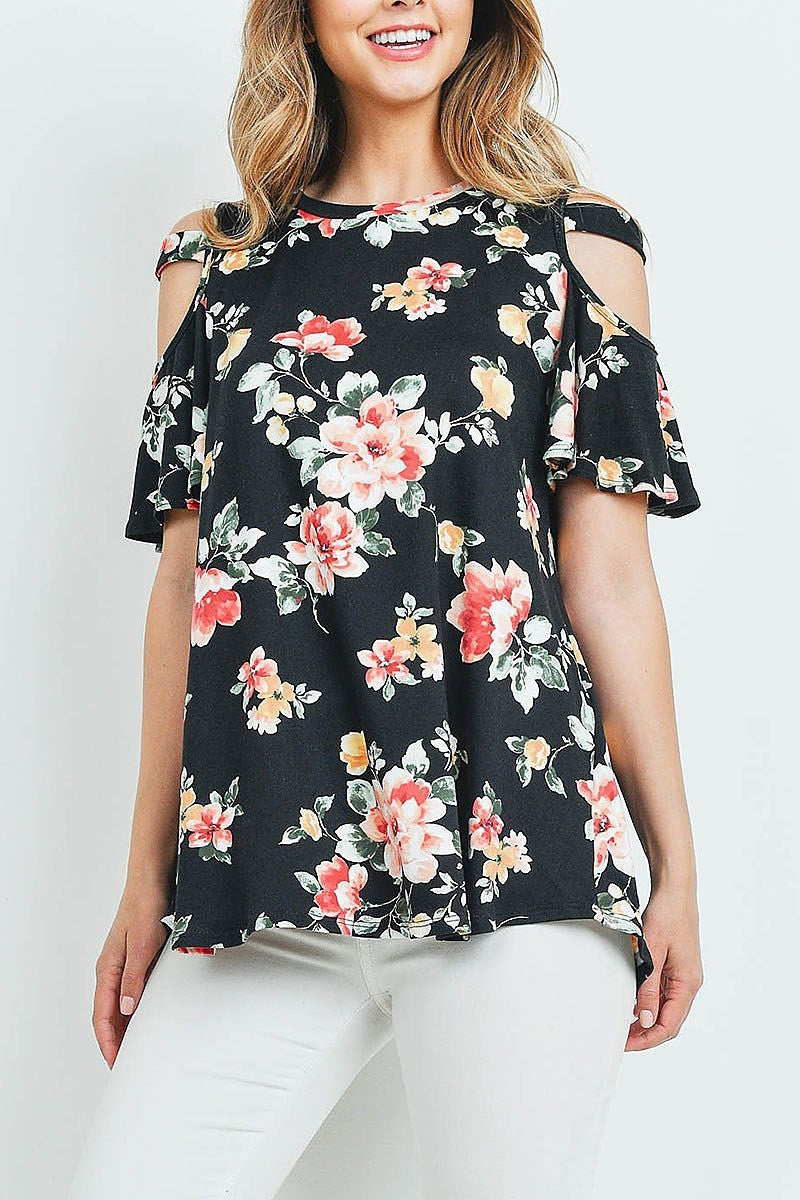 Floral print off shoulder flutter sleeve top (ED9164)