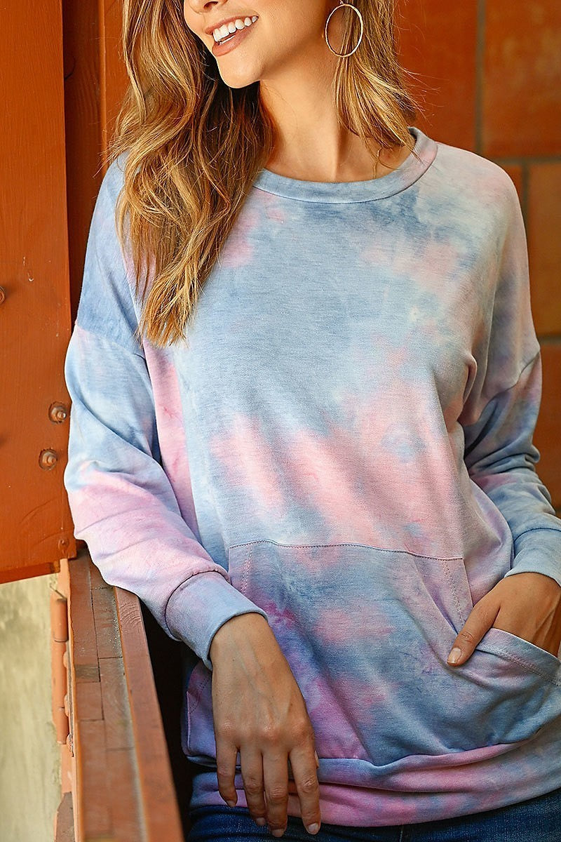 Fleeced french terry tie dye pullover with kangaroo pockets (ED8381-1-1)