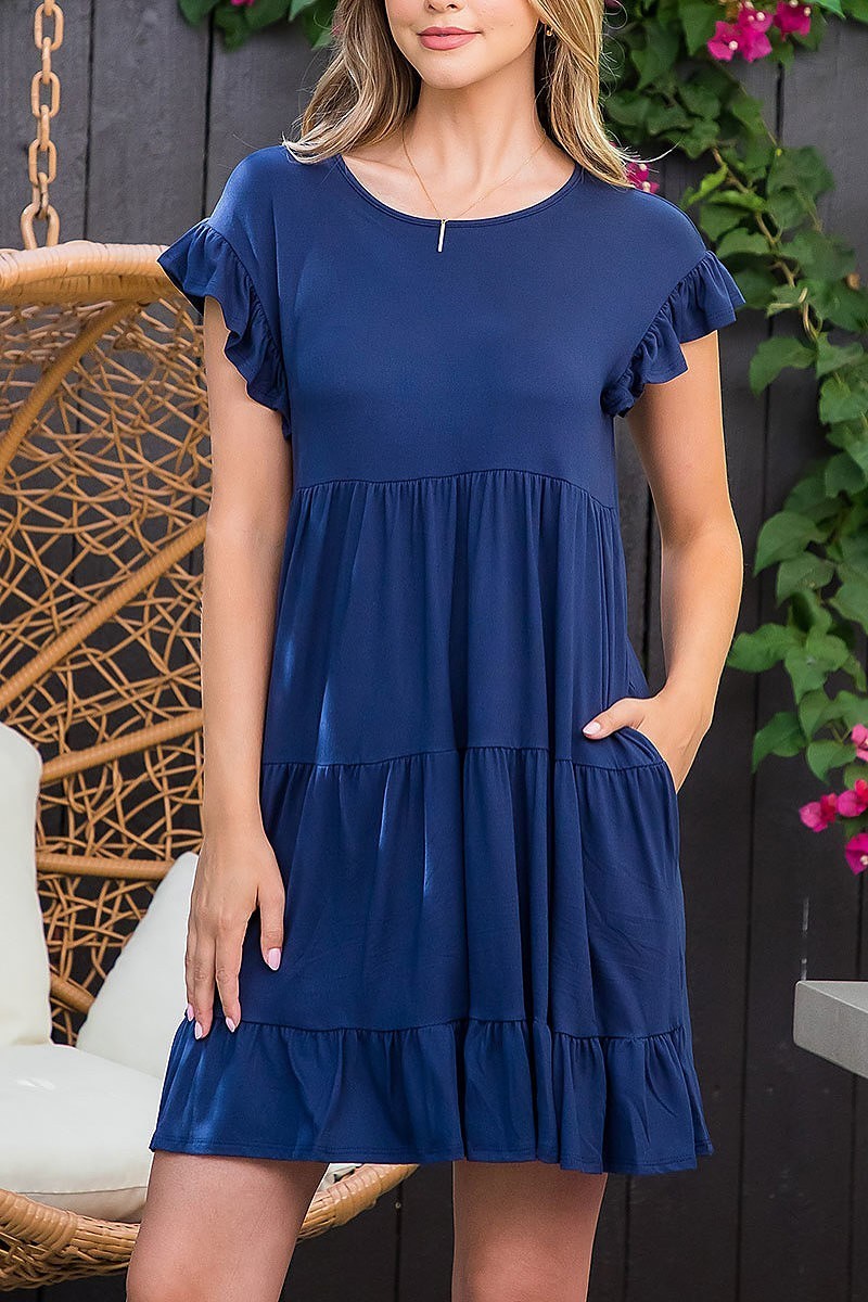 Ruffle short sleeve tiered solid dress (DED8372)