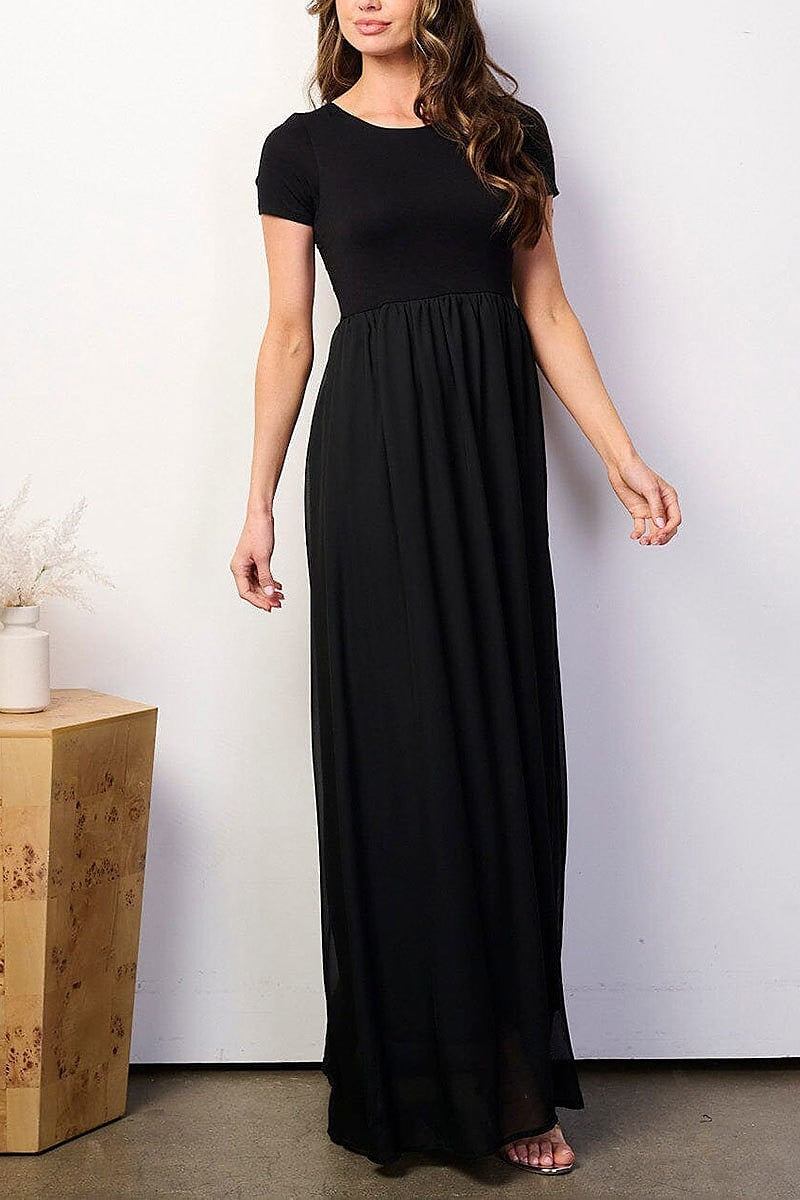 Short sleeve elastic waist colorblock maxi dress (EFWT8912)