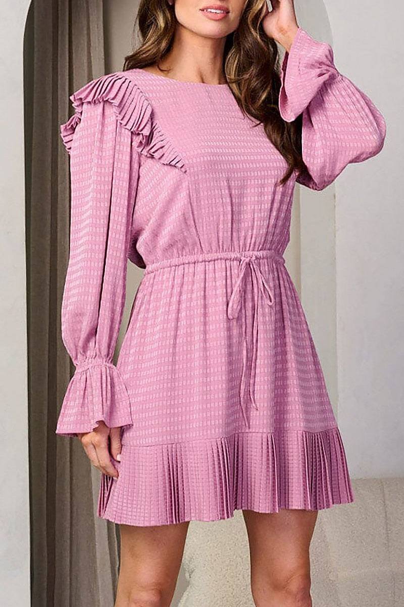 Long sleeve elastic waist ruffle detailed dress (EGWT2273)