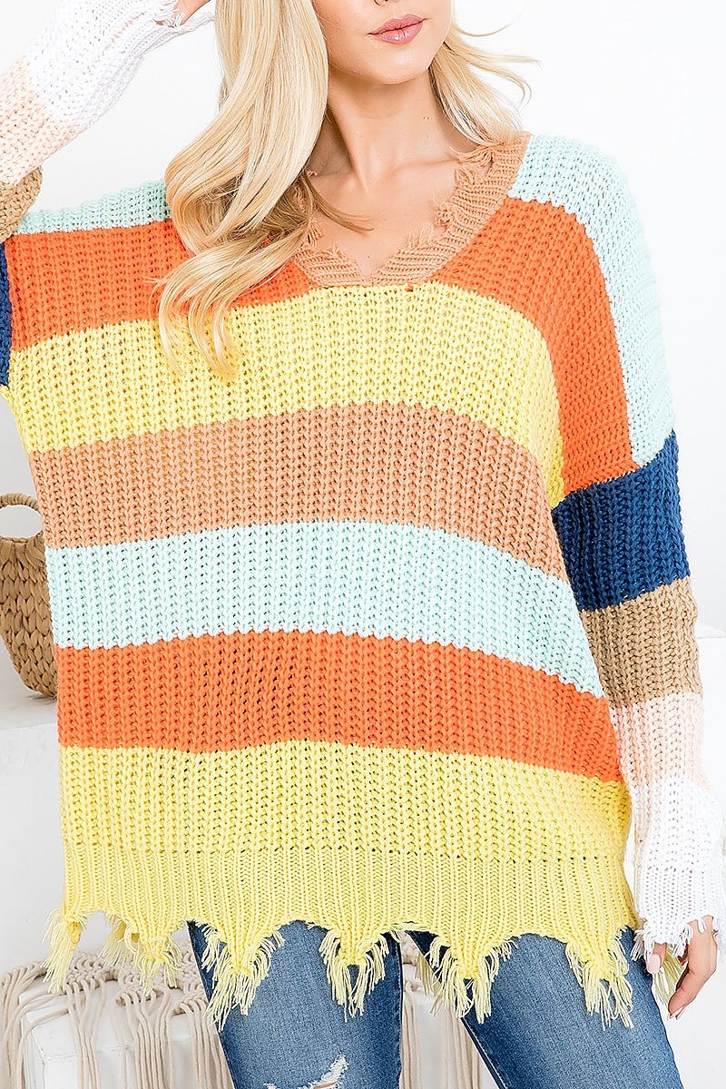 Distressed detail color block sweater (DGS5366-2)