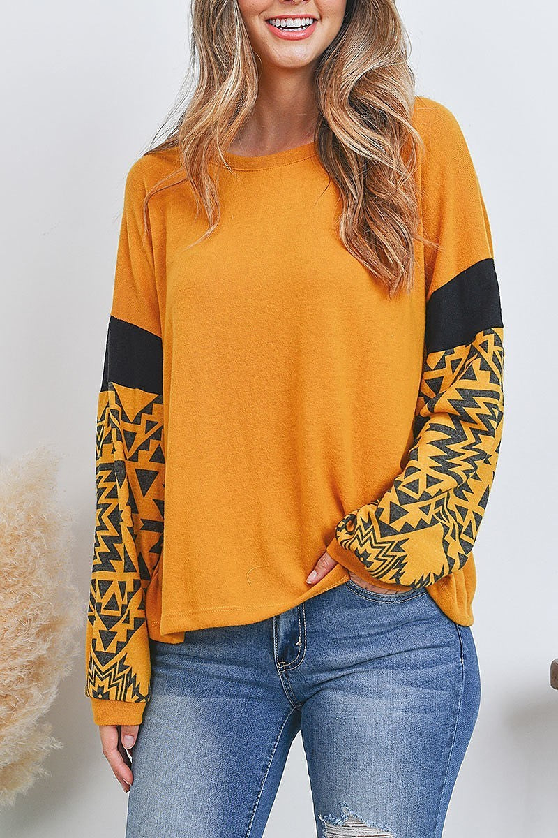 Aztec print color block bubble sleeve top (EF2484)